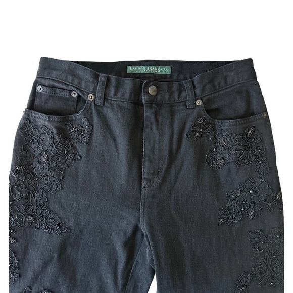 Lauren Ralph Lauren Sz 4 High Waisted Straight Leg Embroidered Lace Beaded Jeans - Picture 1 of 7
